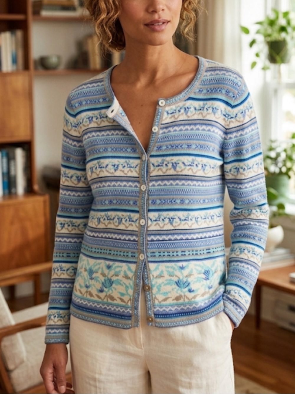 Blue Patterned Knit Cardigan Sweater